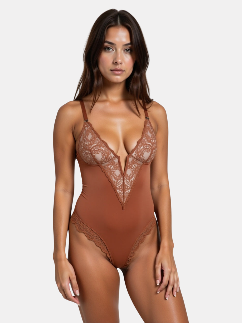 V-Neck Half Laced Thong Shapewear Bodysuit